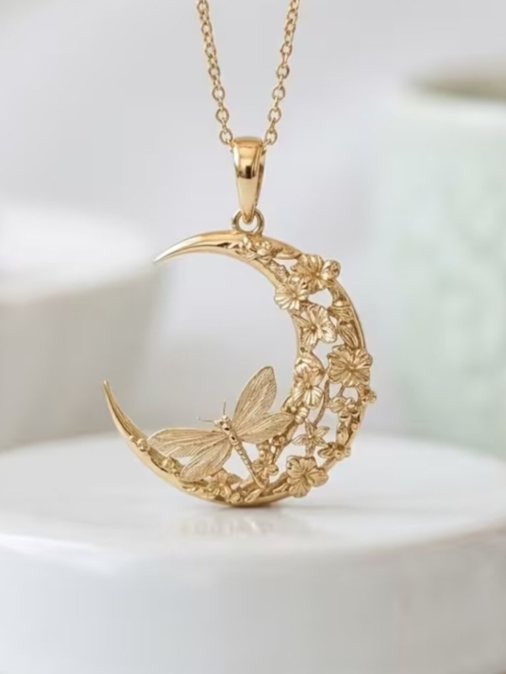 NWT 18K Gold Plated Moon Dragonfly Floral Pendant Necklace Bohemian Celestial - Picture 2 of 4